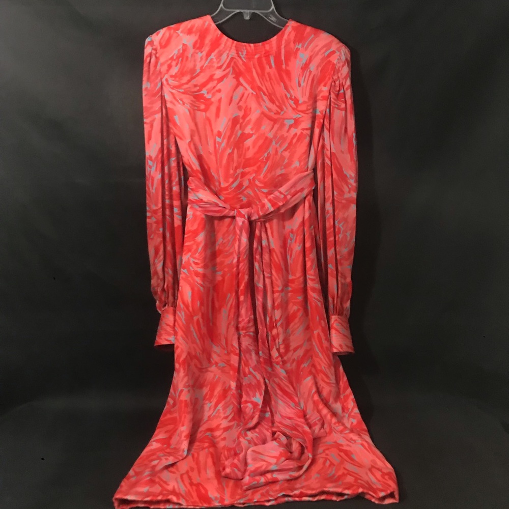 👗Vintage Red Multi Watercolor Long Sleeve Midi Dress